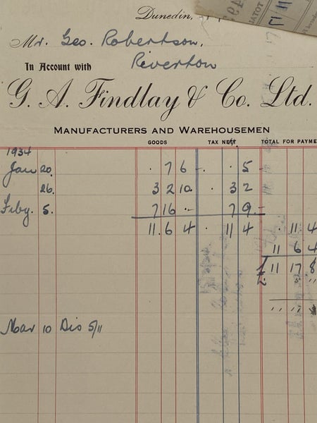 VINTAGE INVOICE: G.A. Findlay & Co, Dunedin – Manufacturers, Warehousemen 1934 Carousel 2