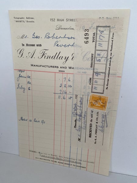 VINTAGE INVOICE: G.A. Findlay & Co, Dunedin – Manufacturers, Warehousemen 1934 Carousel 4