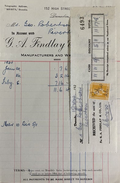 VINTAGE INVOICE: G.A. Findlay & Co, Dunedin – Manufacturers, Warehousemen 1934 Carousel 1