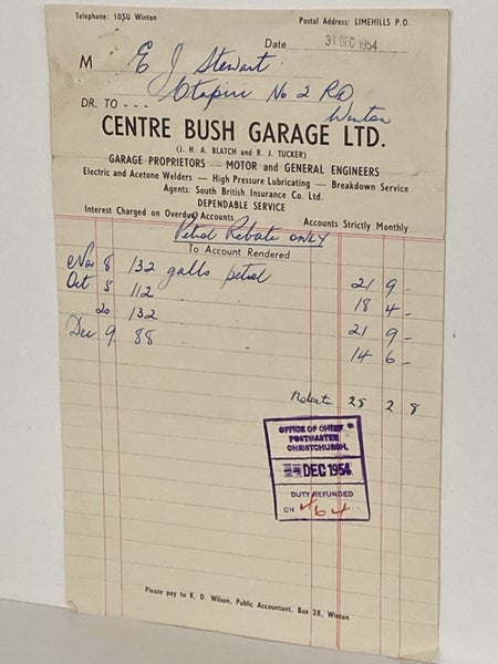 VINTAGE INVOICE: Centre Bush Garage, Winton - Motor and General Engineers 1954 Carousel 2