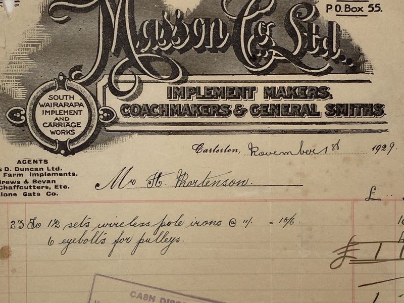 ANTIQUE INVOICE: Masson & Co. Ltd Carterton – Implement Makers, Coachmakers 1929 Carousel 1