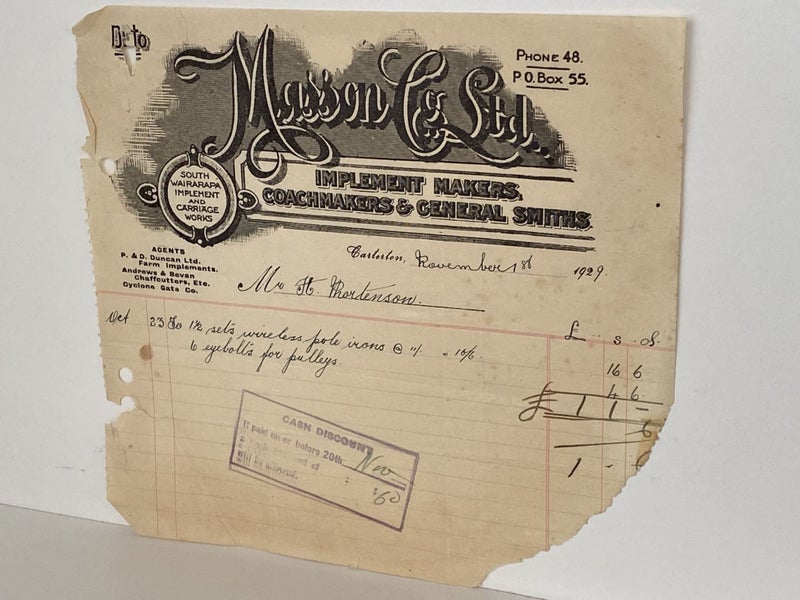 ANTIQUE INVOICE: Masson & Co. Ltd Carterton – Implement Makers, Coachmakers 1929 Carousel 2