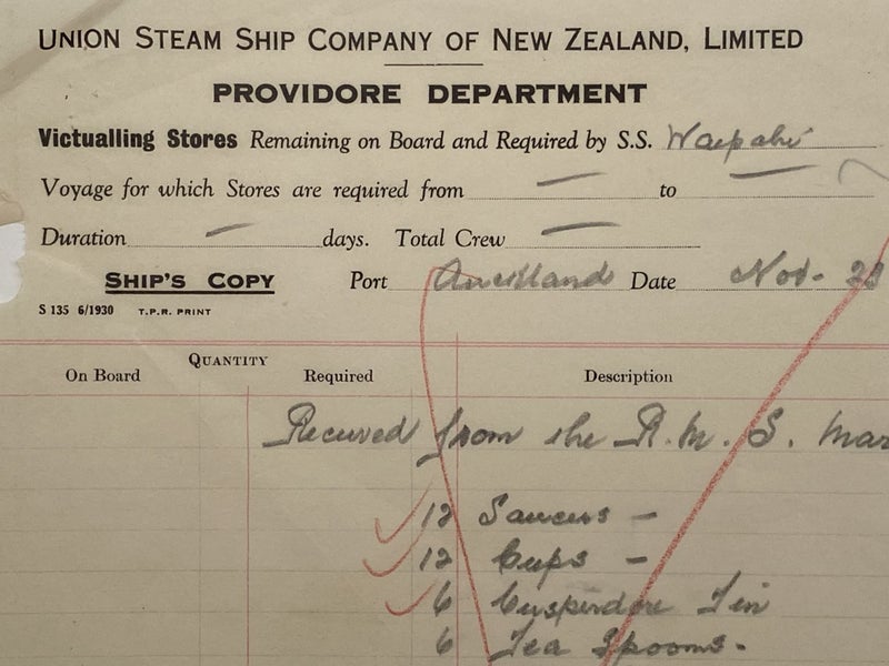 VINTAGE RECEIPT: Union Steamship Company of New Zealand - S.S. Waipahu 1932 Carousel 1