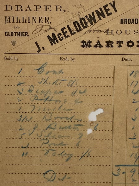 ANTIQUE INVOICE: J. McEldowney, Marton – Draper, Milliner and Clothier 1888 Carousel 1