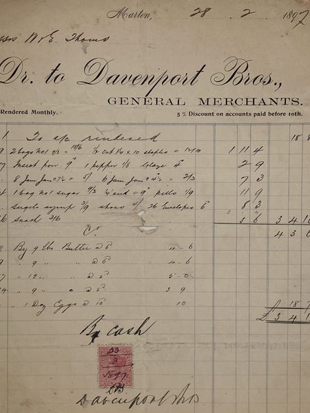 ANTIQUE INVOICE: Davenport Bros, Marton – General Merchants 1897 (127yo) Carousel 1