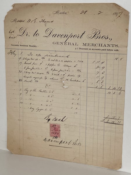 ANTIQUE INVOICE: Davenport Bros, Marton – General Merchants 1897 (127yo) Carousel 2