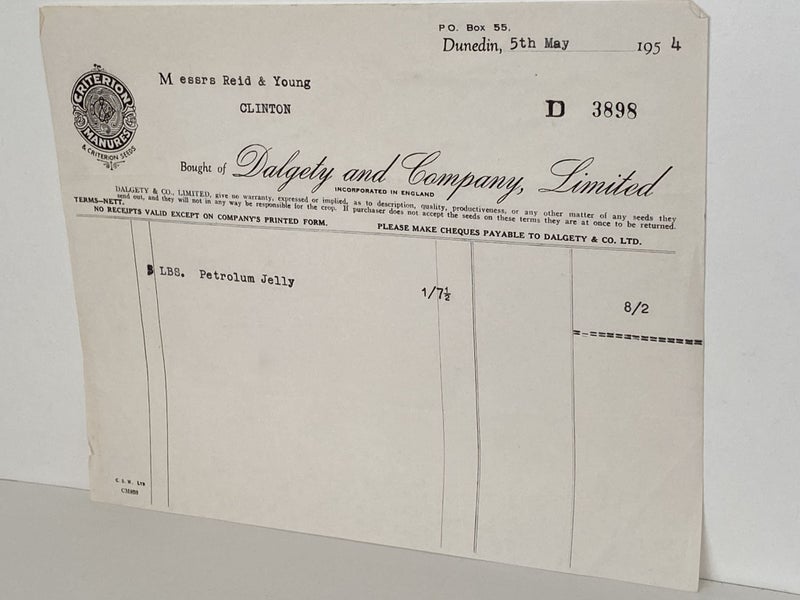 VINTAGE INVOICE: Dalgety & Company Limited, Dunedin - Merchants 1954 Carousel 2