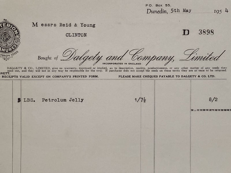 VINTAGE INVOICE: Dalgety & Company Limited, Dunedin - Merchants 1954 Carousel 1