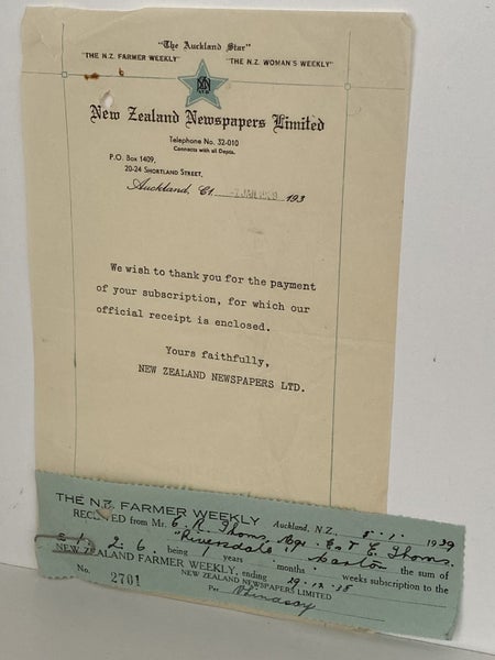 VINTAGE RECEIPT: New Zealand Newspapers Limited, Auckland 1939 Carousel 2