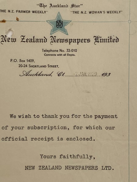 VINTAGE RECEIPT: New Zealand Newspapers Limited, Auckland 1939 Carousel 1