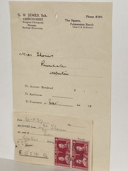 VINTAGE INVOICE: G.M. Simes Sch. Palmerston North - Chiropodist 1937 Carousel 2