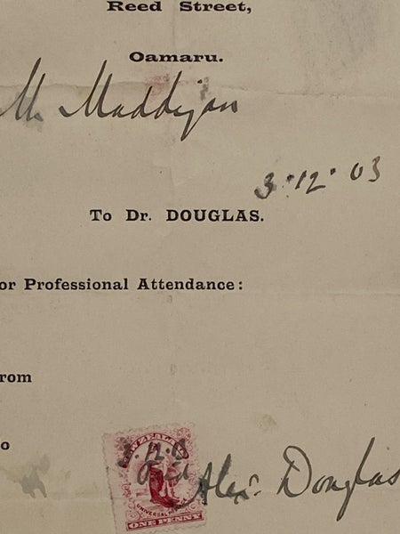ANTIQUE INVOICE / RECEIPT: Dr. Douglas, Reed Street Oamaru 1903 (121yo) Carousel 1
