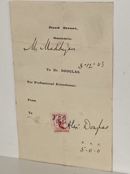 ANTIQUE INVOICE / RECEIPT: Dr. Douglas, Reed Street Oamaru 1903 (121yo) Carousel 2