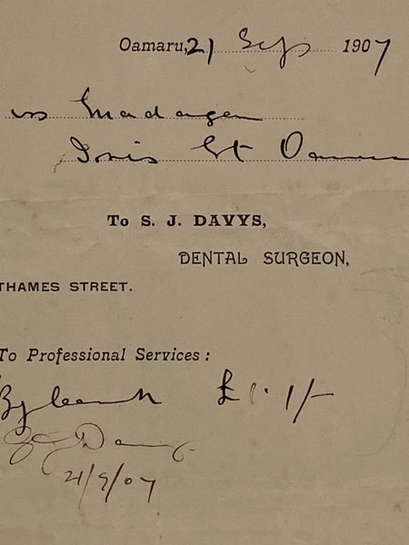 ANTIQUE INVOICE: S. J. Davys – Dental Surgeon, Thames St, Oamaru 1907 (117 yo) Carousel 1