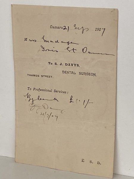 ANTIQUE INVOICE: S. J. Davys – Dental Surgeon, Thames St, Oamaru 1907 (117 yo) Carousel 2