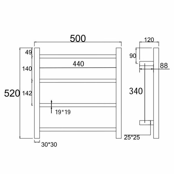 Heated Towel Rail 4 Bars 520x500x120mm Carousel 10