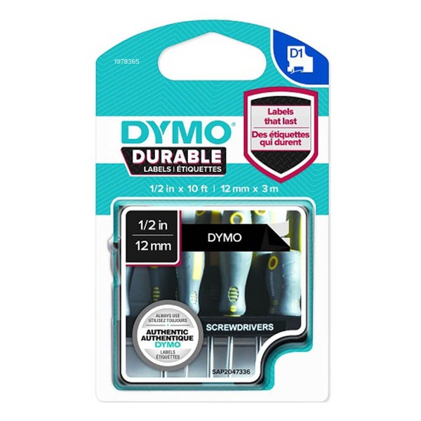 Dymo D1 Durable Label White on Black (12mmx3m) Carousel 1