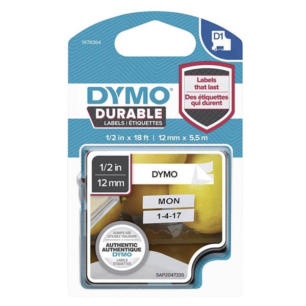 Dymo D1 Durable Tape Label 12mmx5.5m (Black on White) Carousel 1