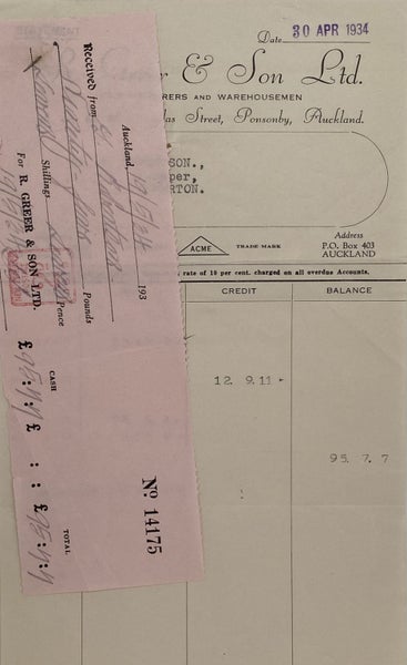 VINTAGE INVOICE: R. Greer & Son, Auckland – Manufacturers & Warehousemen 1934 Carousel 1