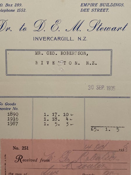 VINTAGE INVOICE: D.E.M. Stewart, Invercargill 1935 Carousel 1