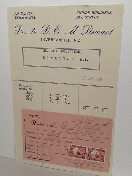 VINTAGE INVOICE: D.E.M. Stewart, Invercargill 1935 Carousel 2
