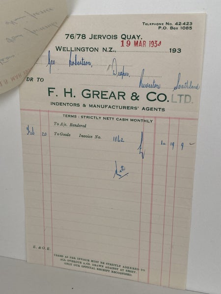 VINTAGE INVOICE: F. H. Grear & Co.Ltd, Wellington – Indentors & Agents 1934 Carousel 2