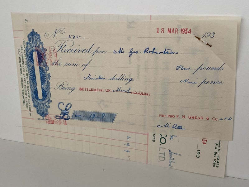 VINTAGE INVOICE: F. H. Grear & Co.Ltd, Wellington – Indentors & Agents 1934 Carousel 3