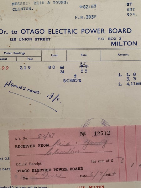 VINTAGE INVOICE: Otago Electric Power Board, Milton 1954 Carousel 1