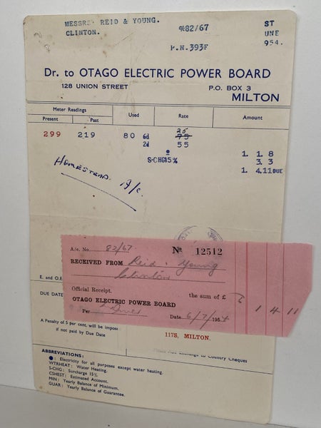 VINTAGE INVOICE: Otago Electric Power Board, Milton 1954 Carousel 2
