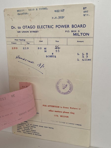 VINTAGE INVOICE: Otago Electric Power Board, Milton 1954 Carousel 3