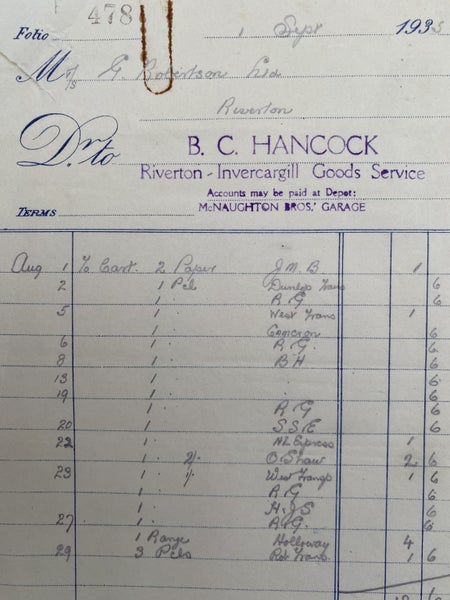 VINTAGE INVOICE: B.C. Hancock, Riverton - Invercargill Goods Service 1935 Carousel 1