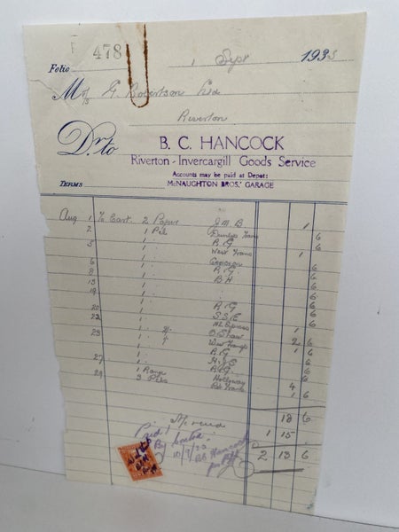 VINTAGE INVOICE: B.C. Hancock, Riverton - Invercargill Goods Service 1935 Carousel 2