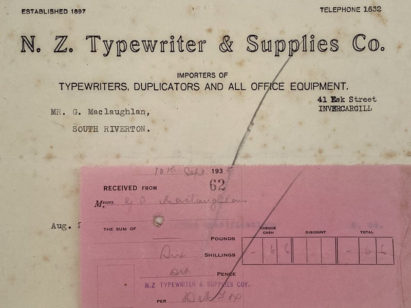 VINTAGE INVOICE: N.Z. Typewriter & Supplies Co. Invercargill 1938 Carousel 1