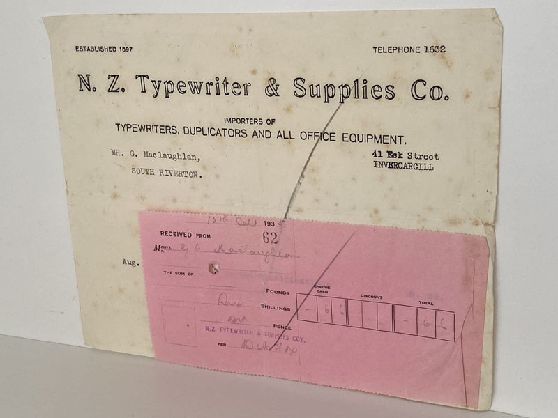 VINTAGE INVOICE: N.Z. Typewriter & Supplies Co. Invercargill 1938 Carousel 2