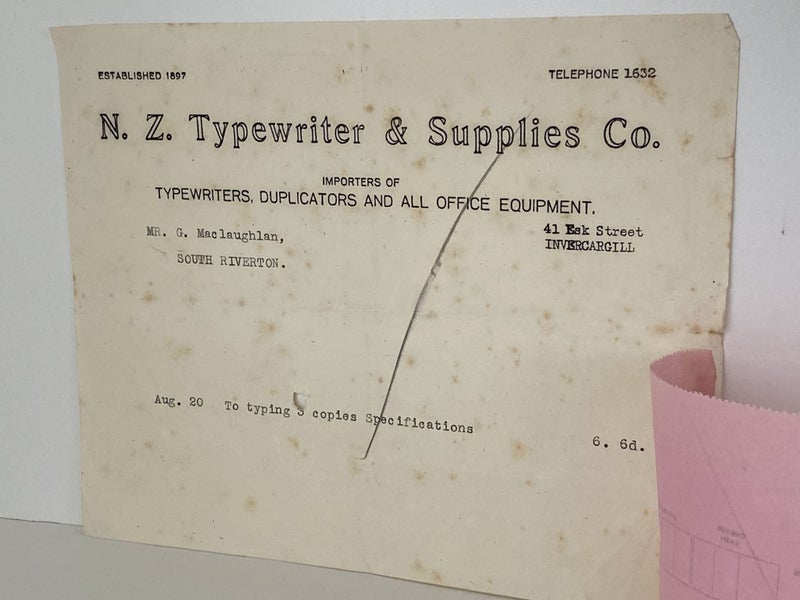 VINTAGE INVOICE: N.Z. Typewriter & Supplies Co. Invercargill 1938 Carousel 3