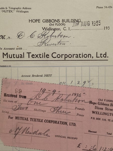 VINTAGE INVOICE: Mutual Textile Corporation Ltd, Wellington 1935 Carousel 1