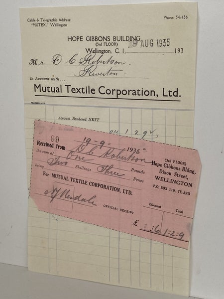 VINTAGE INVOICE: Mutual Textile Corporation Ltd, Wellington 1935 Carousel 2