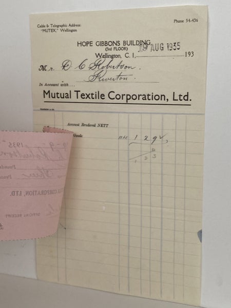 VINTAGE INVOICE: Mutual Textile Corporation Ltd, Wellington 1935 Carousel 3
