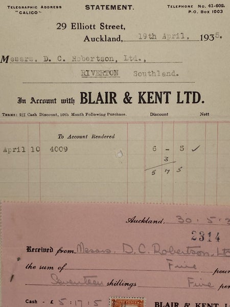 VINTAGE INVOICE: Blair & Kent Ltd, Auckland 1935 Carousel 1
