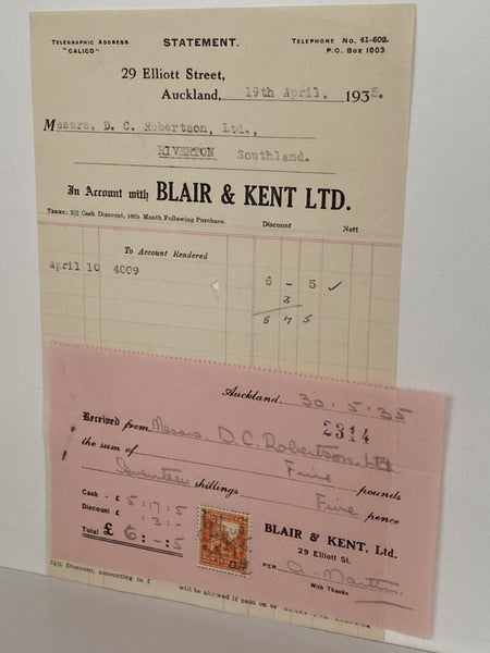 VINTAGE INVOICE: Blair & Kent Ltd, Auckland 1935 Carousel 2
