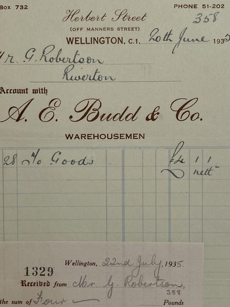 VINTAGE INVOICE: A. E. Budd & Co, Wellington - Warehousemen 1935 Carousel 1
