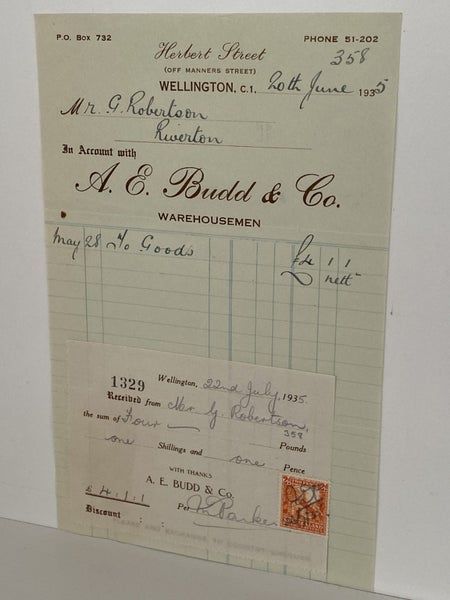 VINTAGE INVOICE: A. E. Budd & Co, Wellington - Warehousemen 1935 Carousel 2