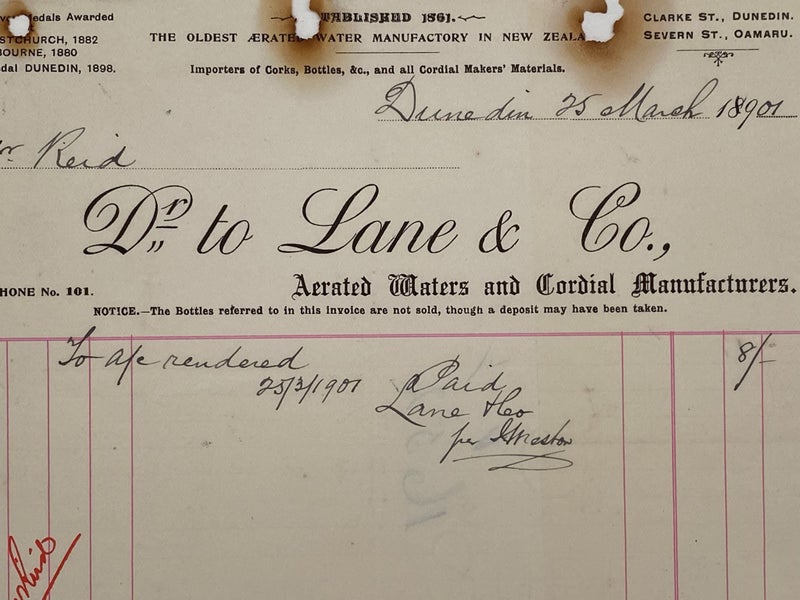 ANTIQUE INVOICE: Lane & Co, Dunedin – Aerated Water & Cordial Manufacturers 1901 Carousel 1