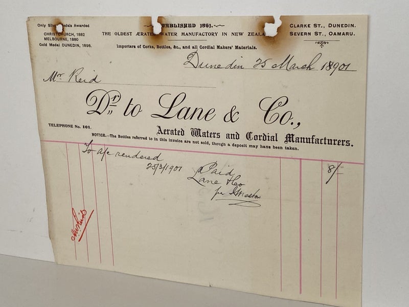 ANTIQUE INVOICE: Lane & Co, Dunedin – Aerated Water & Cordial Manufacturers 1901 Carousel 2