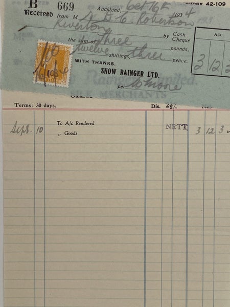 VINTAGE INVOICE: Snow Rainger Limited Auckland – Silk Merchants 1934 Carousel 1