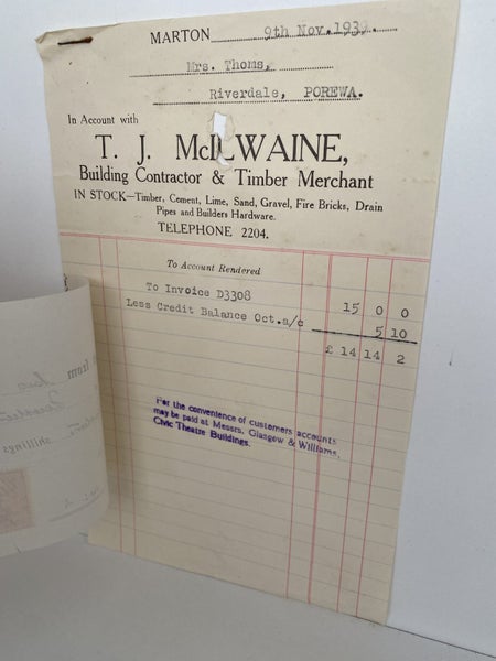 VINTAGE INVOICE: T. J. McIlwaine – Building Contractor & Timber Merchant 1939 Carousel 3