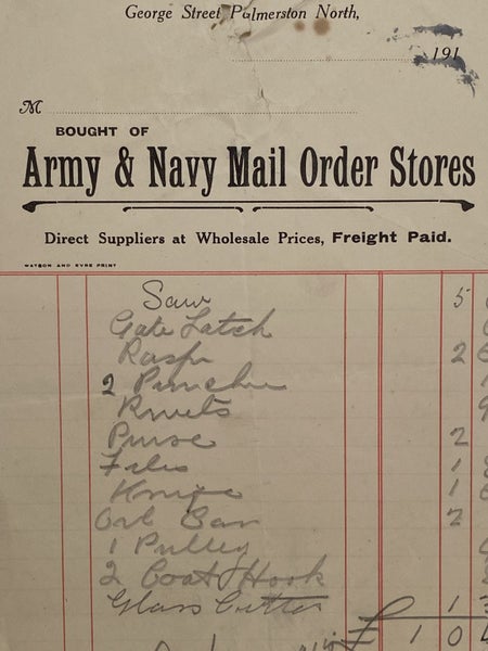 ANTIQUE INVOICE: Army & Navy Mail Order Stores, Palmerston North 1915 (109yo) Carousel 1