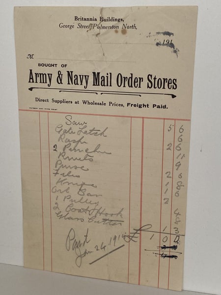 ANTIQUE INVOICE: Army & Navy Mail Order Stores, Palmerston North 1915 (109yo) Carousel 2
