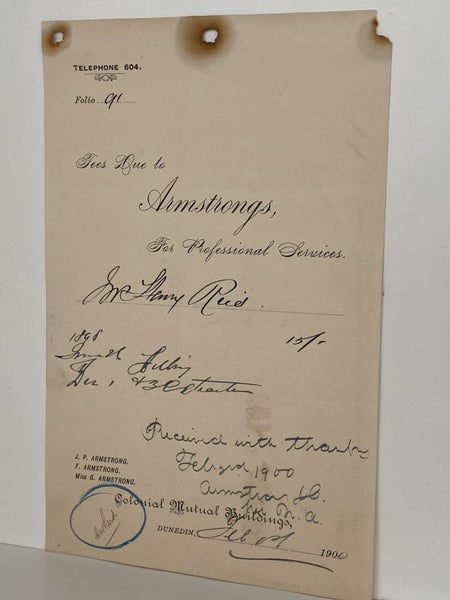 ANTIQUE INVOICE: Armstrongs, Dunedin – Professional Services 1900 (124yo) Carousel 2