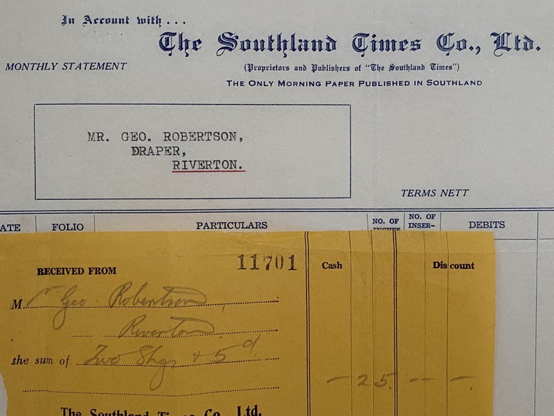 VINTAGE INVOICE: The Southland Times Co. Ltd, Invercargill 1935 Carousel 1